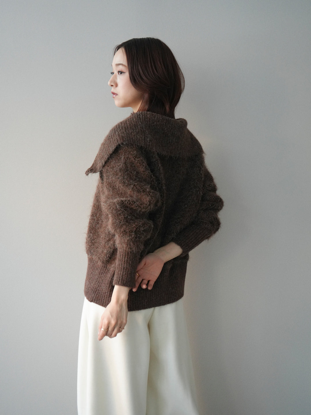 [SET]リブ襟ブークレZIPニットカーディガン+ウエストベルトカーブラインスエットパンツ(2set)