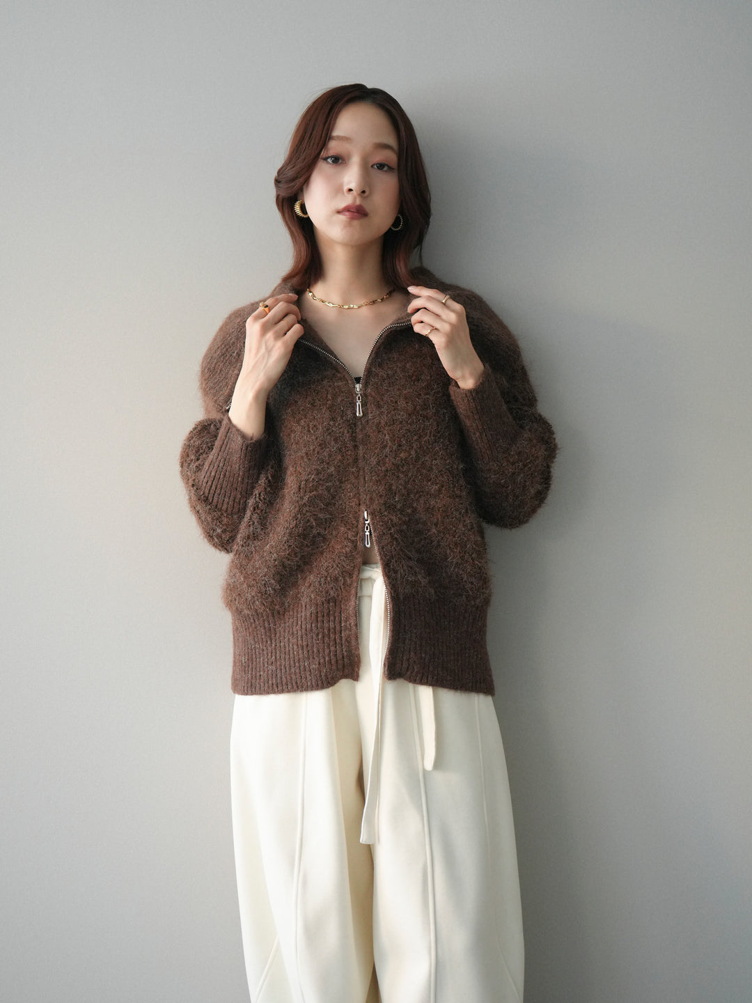 [SET]リブ襟ブークレZIPニットカーディガン+ウエストベルトカーブラインスエットパンツ(2set)