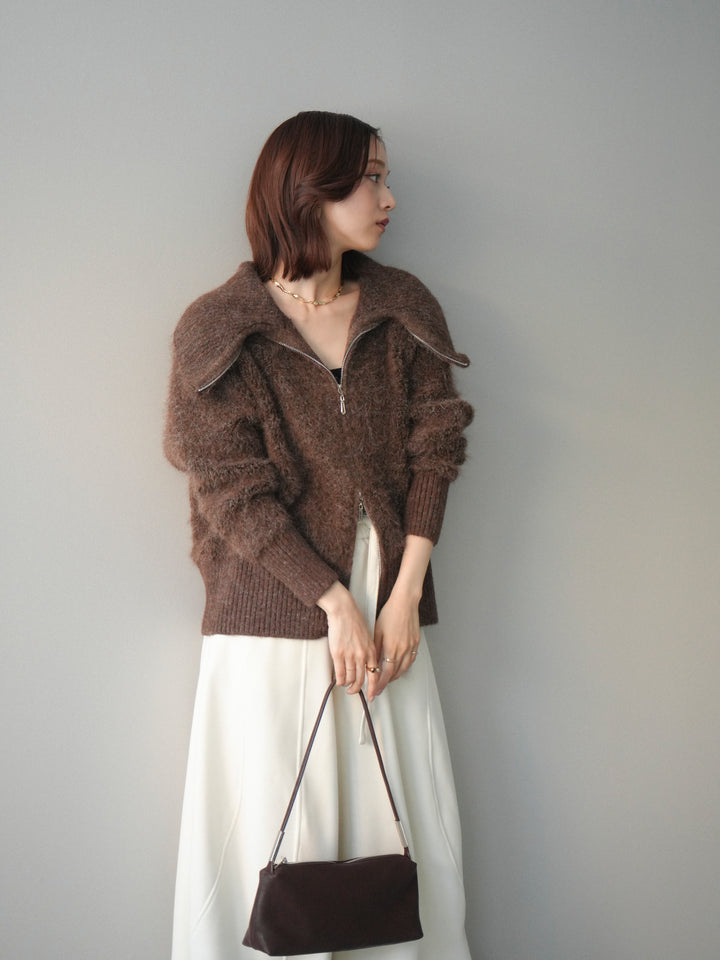 [SET]リブ襟ブークレZIPニットカーディガン+ウエストベルトカーブラインスエットパンツ(2set)
