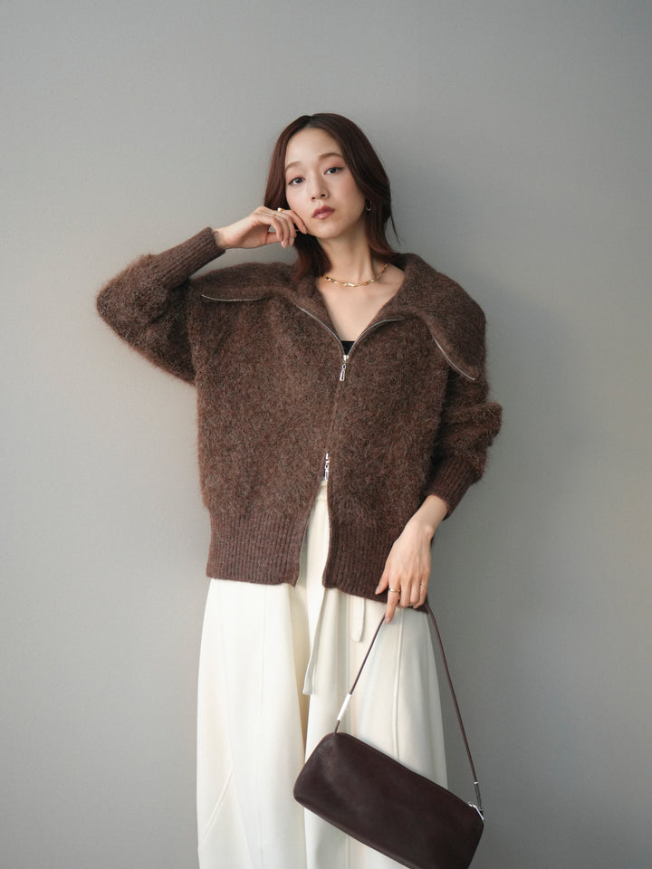 [SET]リブ襟ブークレZIPニットカーディガン+ウエストベルトカーブラインスエットパンツ(2set)