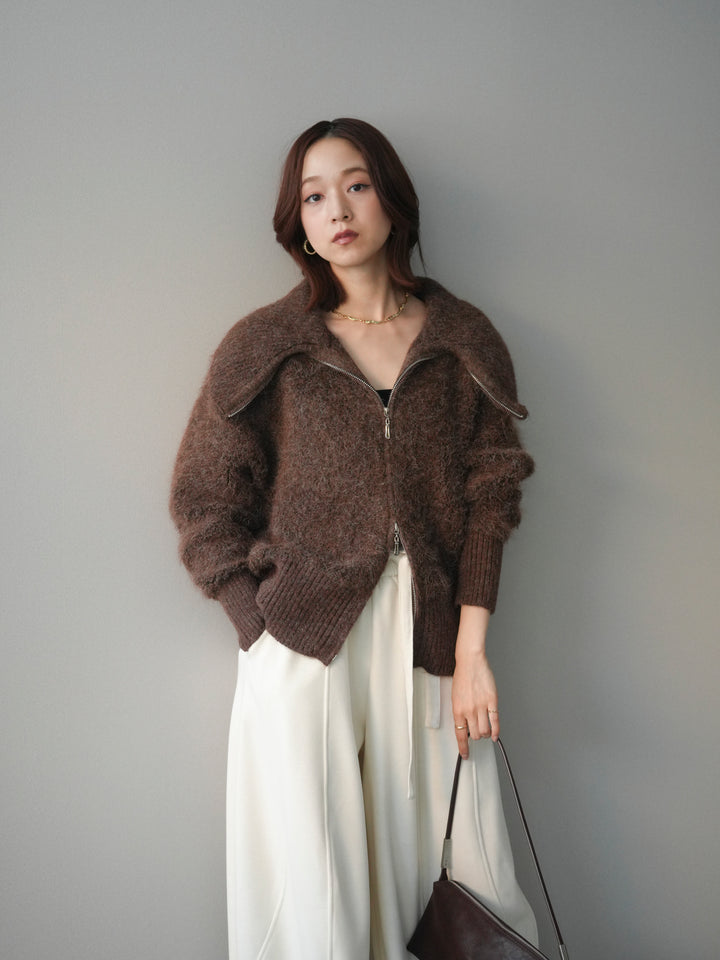 [SET]リブ襟ブークレZIPニットカーディガン+ウエストベルトカーブラインスエットパンツ(2set)