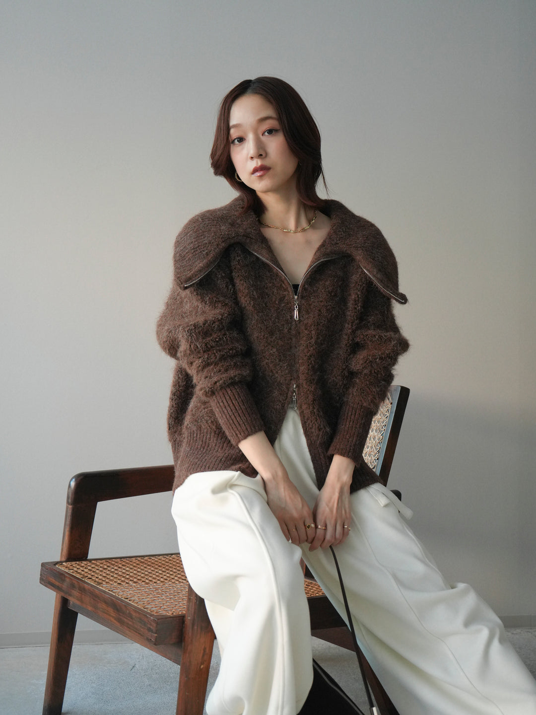 [SET]リブ襟ブークレZIPニットカーディガン+ウエストベルトカーブラインスエットパンツ(2set)