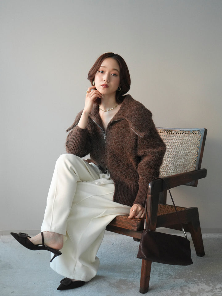 [SET]リブ襟ブークレZIPニットカーディガン+ウエストベルトカーブラインスエットパンツ(2set)