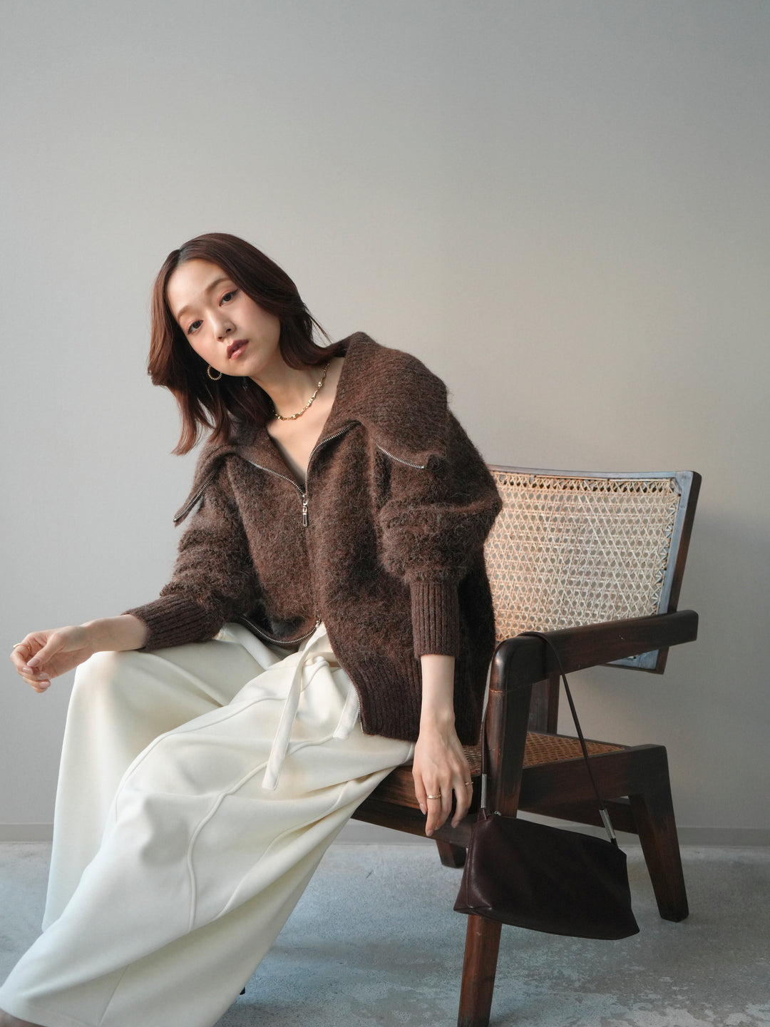 [SET]リブ襟ブークレZIPニットカーディガン+ウエストベルトカーブラインスエットパンツ(2set)