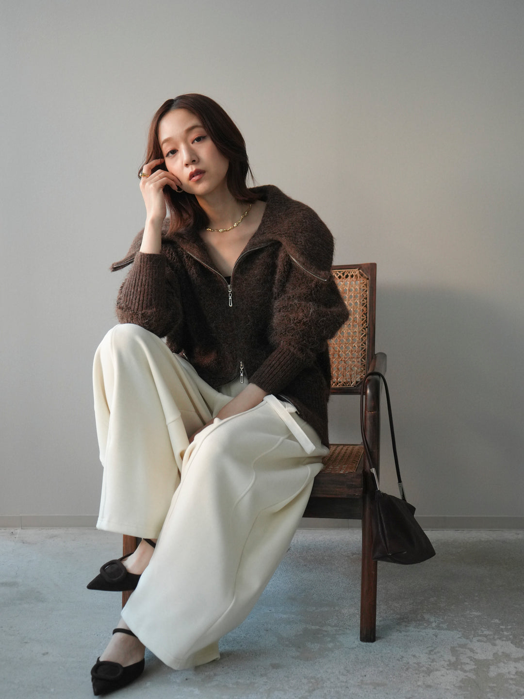 [SET]リブ襟ブークレZIPニットカーディガン+ウエストベルトカーブラインスエットパンツ(2set)