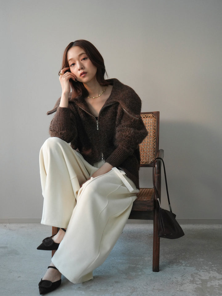 [SET]リブ襟ブークレZIPニットカーディガン+ウエストベルトカーブラインスエットパンツ(2set)