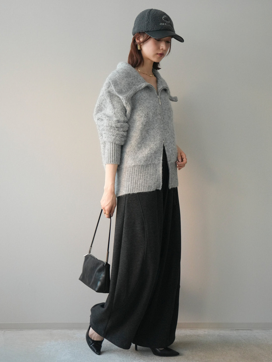 [SET]リブ襟ブークレZIPニットカーディガン+ウエストベルトカーブラインスエットパンツ(2set)