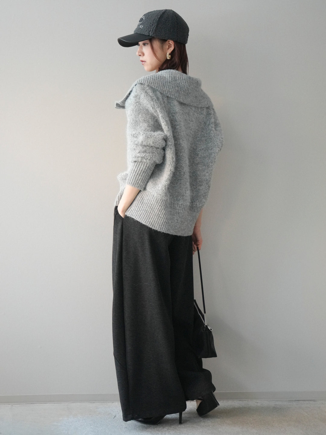 [SET]リブ襟ブークレZIPニットカーディガン+ウエストベルトカーブラインスエットパンツ(2set)