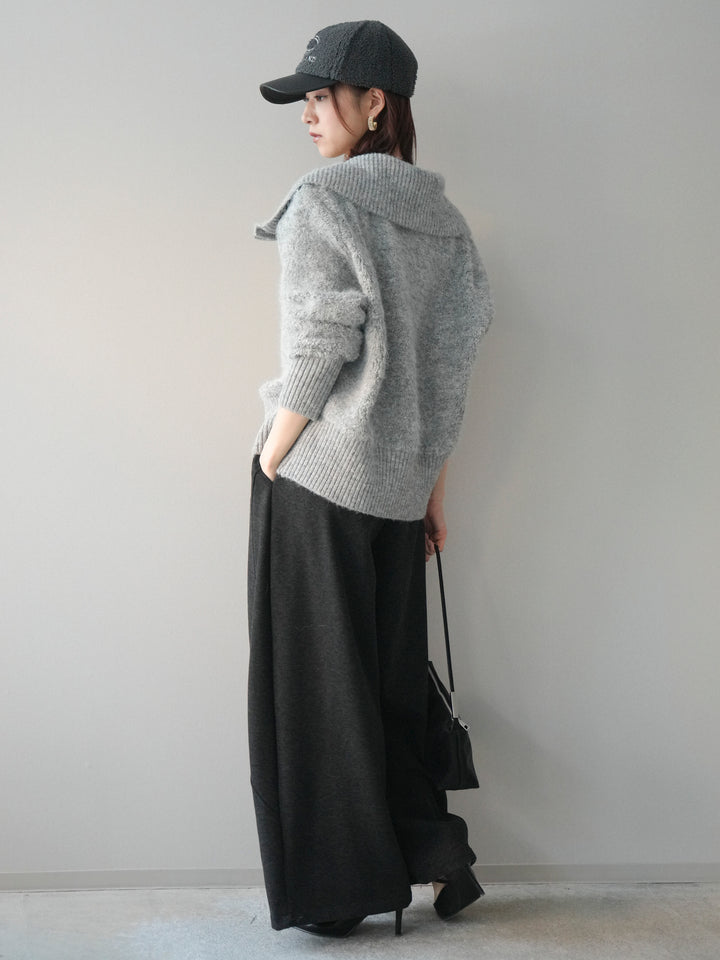 [SET]リブ襟ブークレZIPニットカーディガン+ウエストベルトカーブラインスエットパンツ(2set)