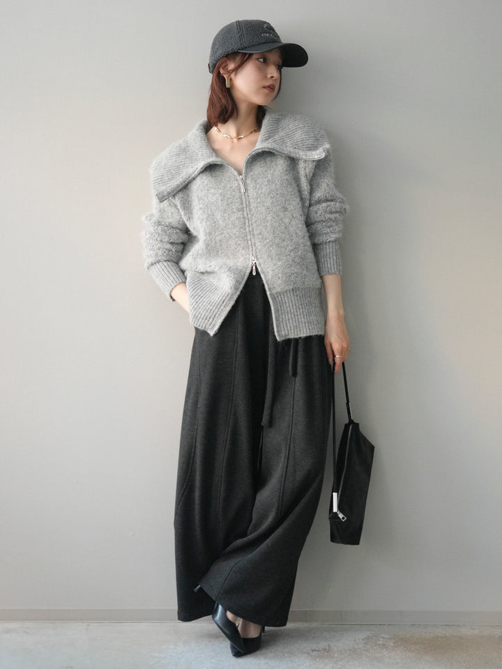 [SET]リブ襟ブークレZIPニットカーディガン+ウエストベルトカーブラインスエットパンツ(2set)