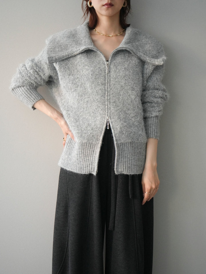 [SET]リブ襟ブークレZIPニットカーディガン+ウエストベルトカーブラインスエットパンツ(2set)