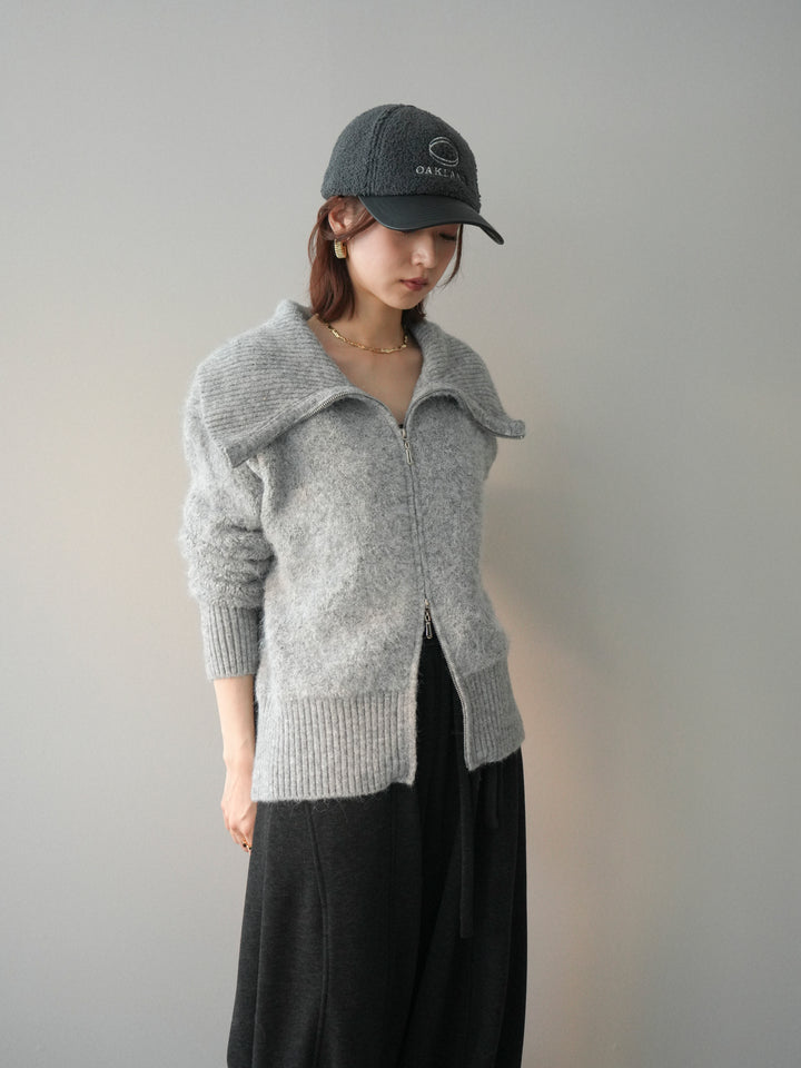 [SET]リブ襟ブークレZIPニットカーディガン+ウエストベルトカーブラインスエットパンツ(2set)