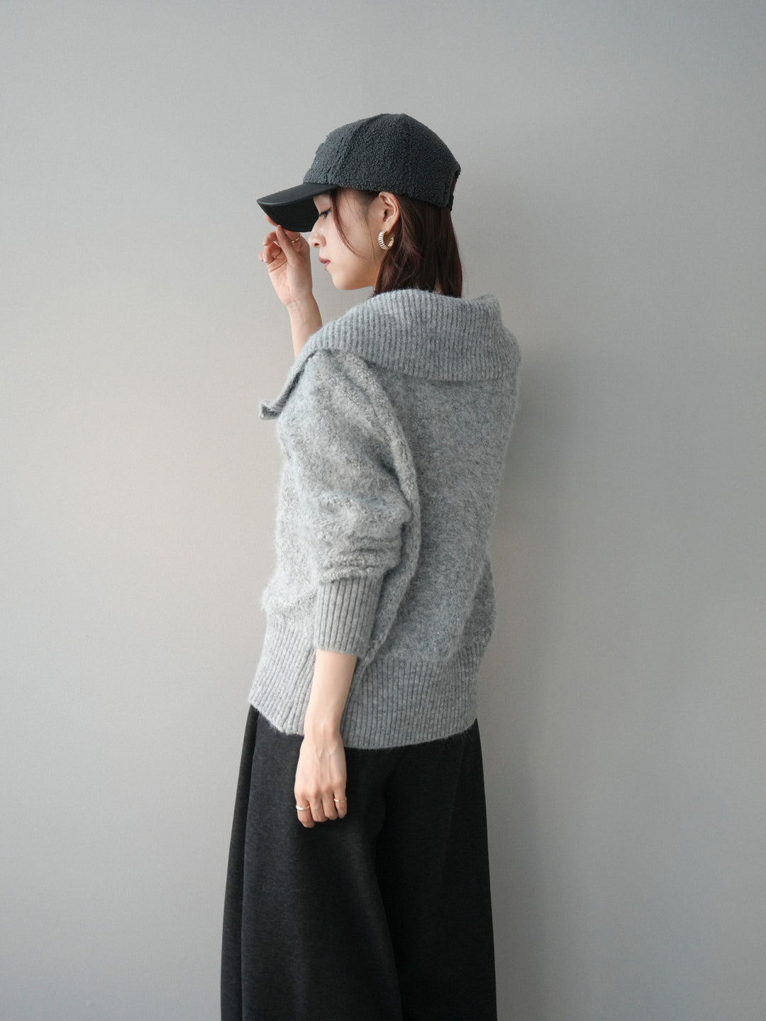 [SET]リブ襟ブークレZIPニットカーディガン+ウエストベルトカーブラインスエットパンツ(2set)