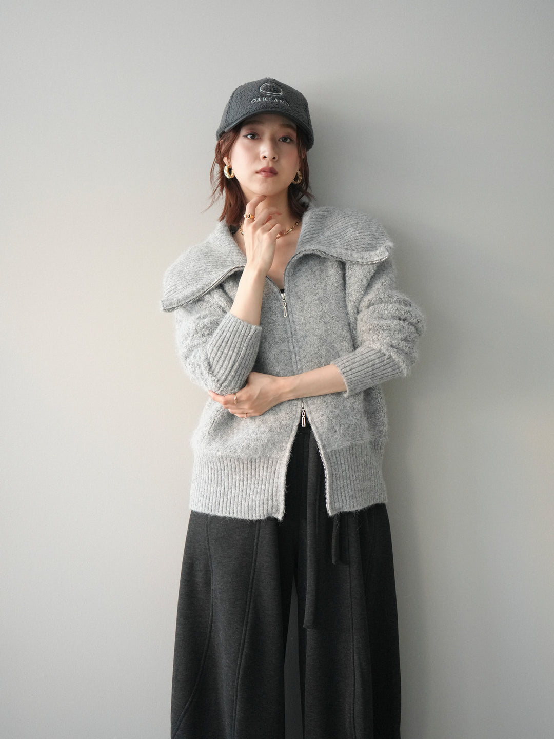 [SET]リブ襟ブークレZIPニットカーディガン+ウエストベルトカーブラインスエットパンツ(2set)