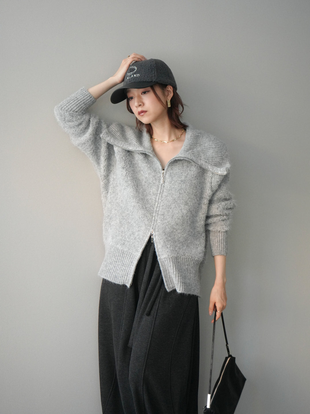 [SET]リブ襟ブークレZIPニットカーディガン+ウエストベルトカーブラインスエットパンツ(2set)