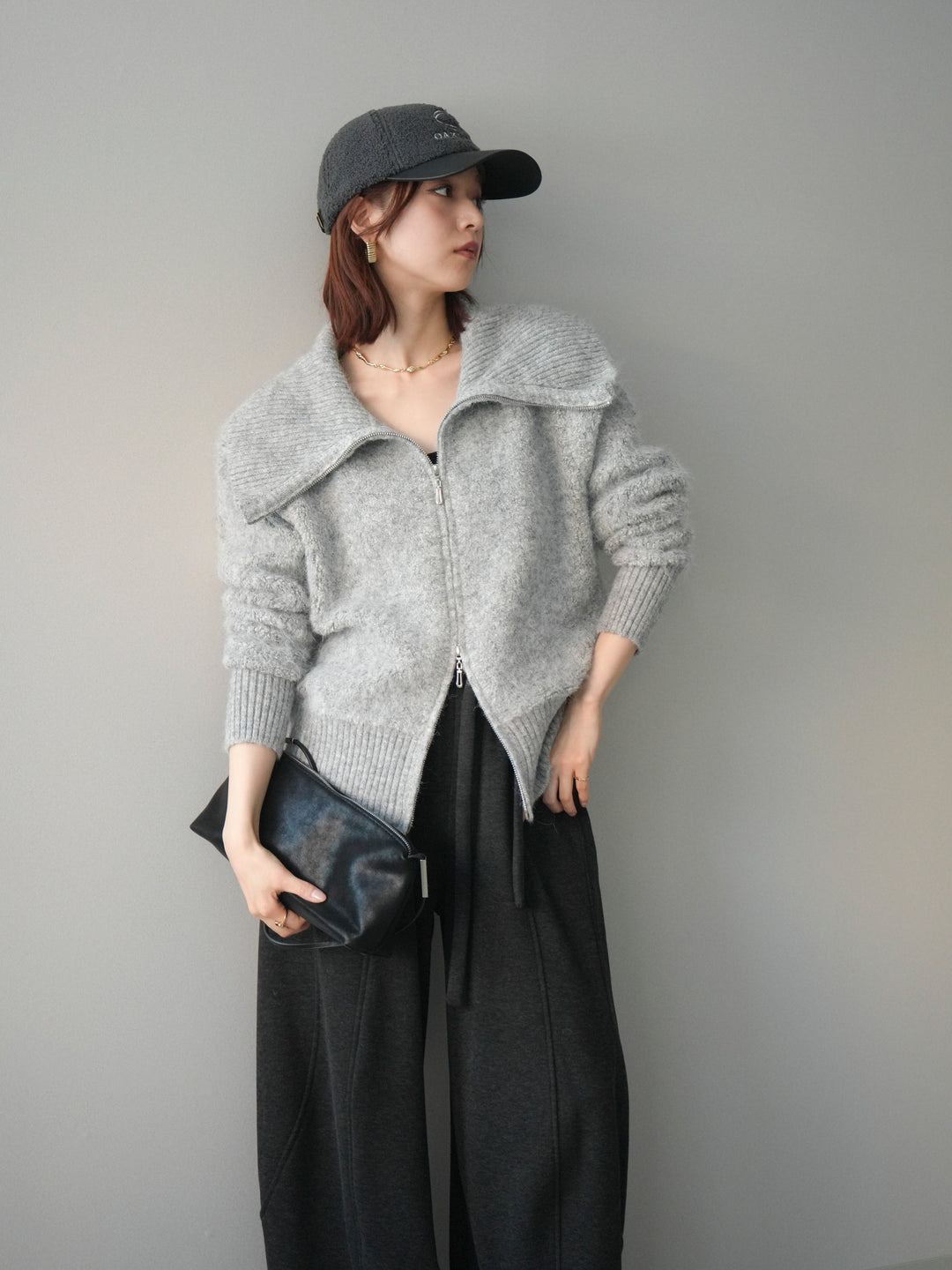 [SET]リブ襟ブークレZIPニットカーディガン+ウエストベルトカーブラインスエットパンツ(2set)