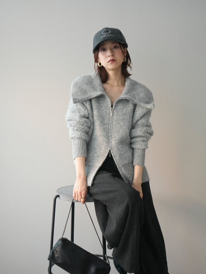 [SET]リブ襟ブークレZIPニットカーディガン+ウエストベルトカーブラインスエットパンツ(2set)