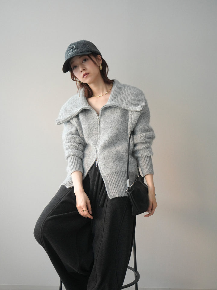 [SET]リブ襟ブークレZIPニットカーディガン+ウエストベルトカーブラインスエットパンツ(2set)