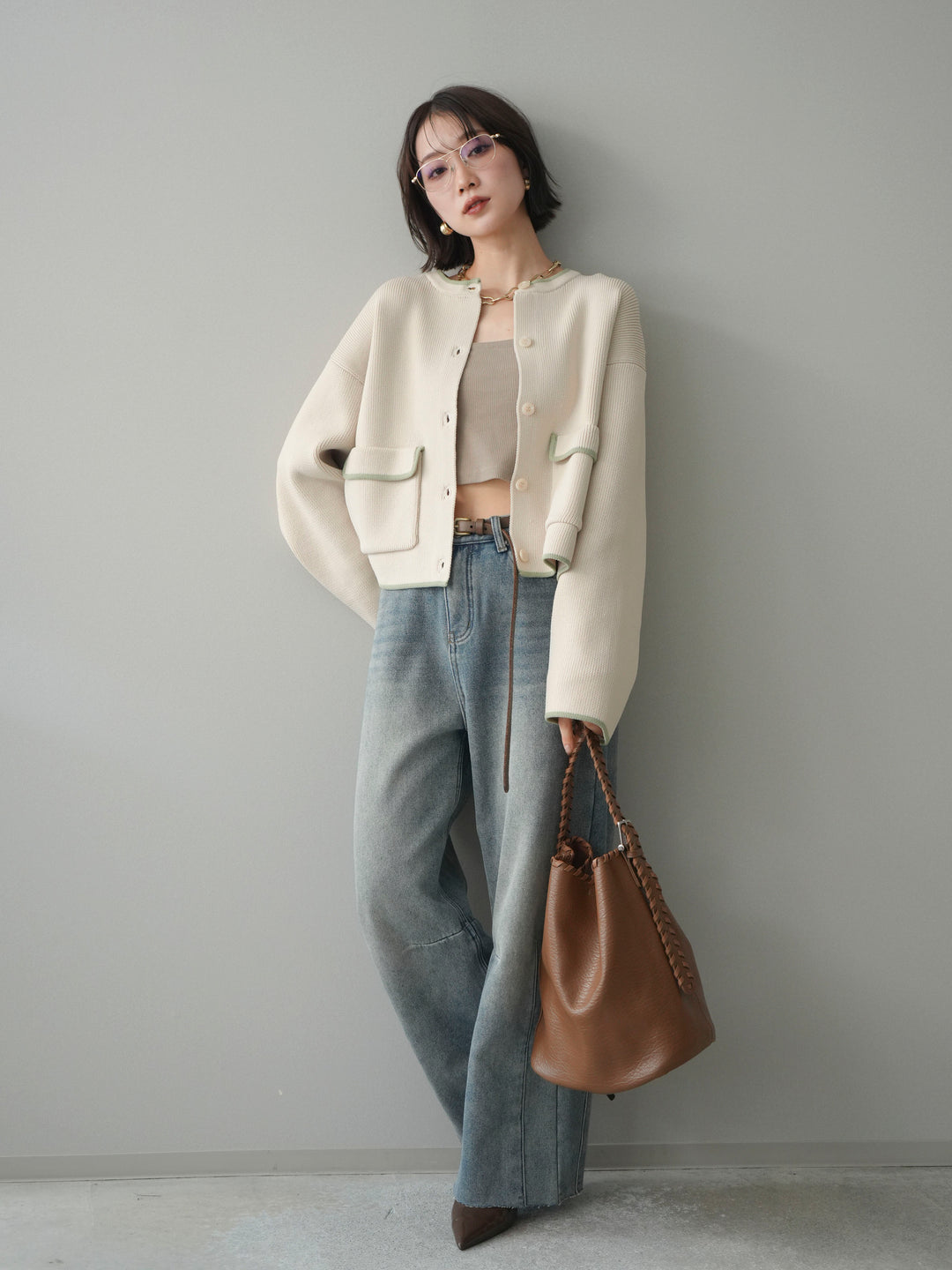 [SET]ポリエステル配色ニットカーディガン+裏起毛カットオフカーブデニムパンツ(2set)