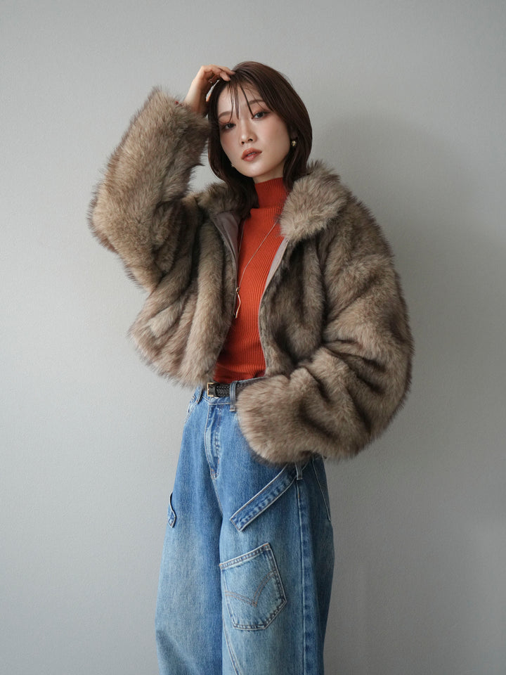[予約]フェイクファーショートZIPジャケット/brownmix