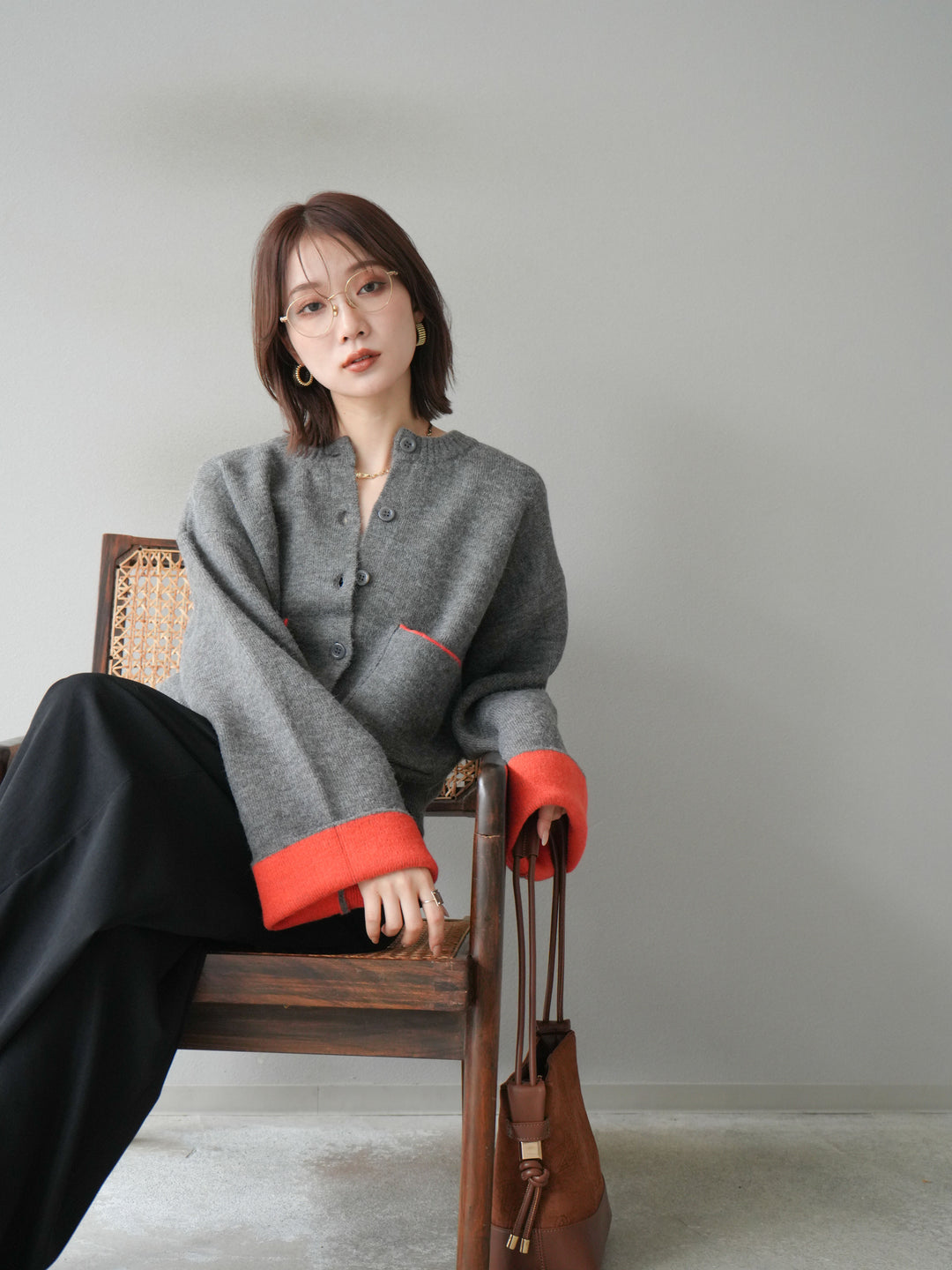 【SET】雙色針織開襟衫+褶襉設計寬褲（2套）