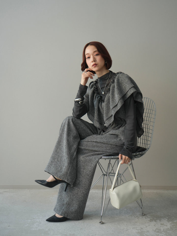 [SET]3WAYミックスツイードギャザーオールインワン+シアープチネックストレッチトップス(2set)