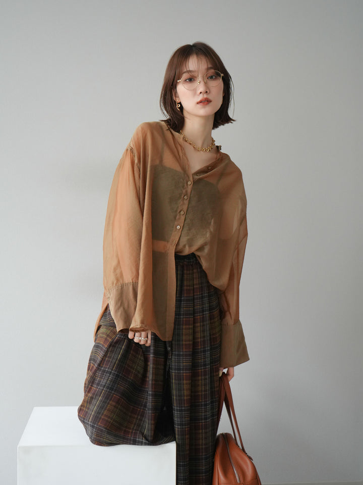 [SET] 亮面透視立領襯衫 + 透視格紋寬鬆褲 (2 件套)
