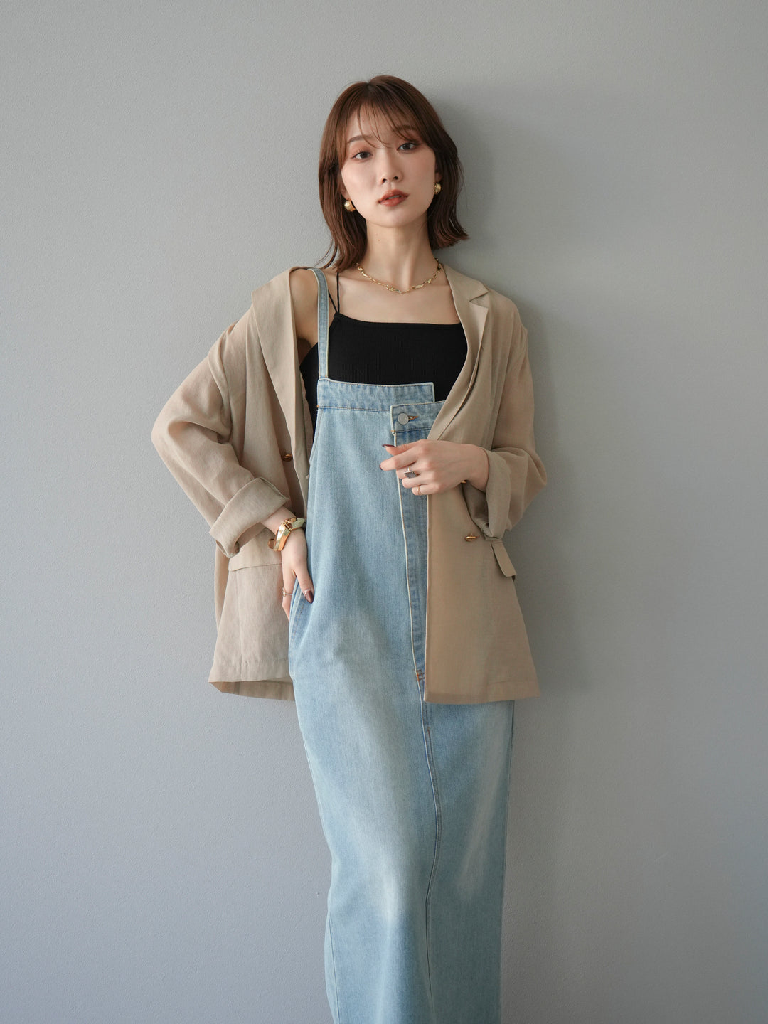 【預購】不對稱牛仔洋裝/奶白色