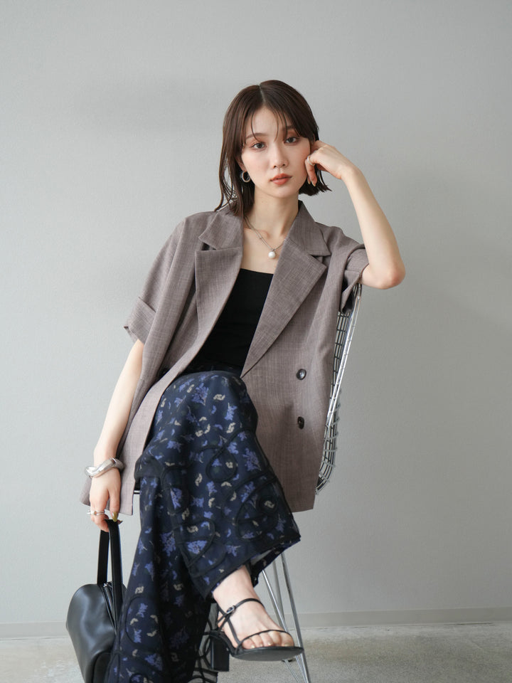 [SET]リネンライクハーフテーラードジャケット+コード刺繍チュールレイヤードパンツ(2set)