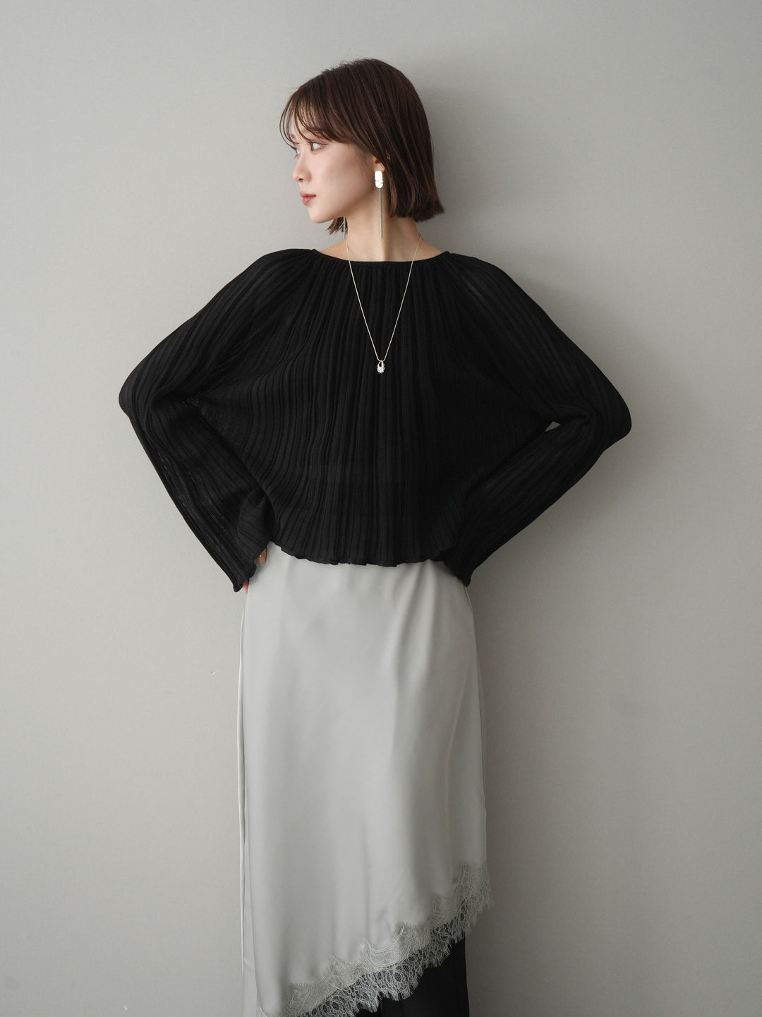 [SET]プリーツシアーフレアスリーブニットトップス+プリーツシアーフレアスリーブニットトップス(2set)