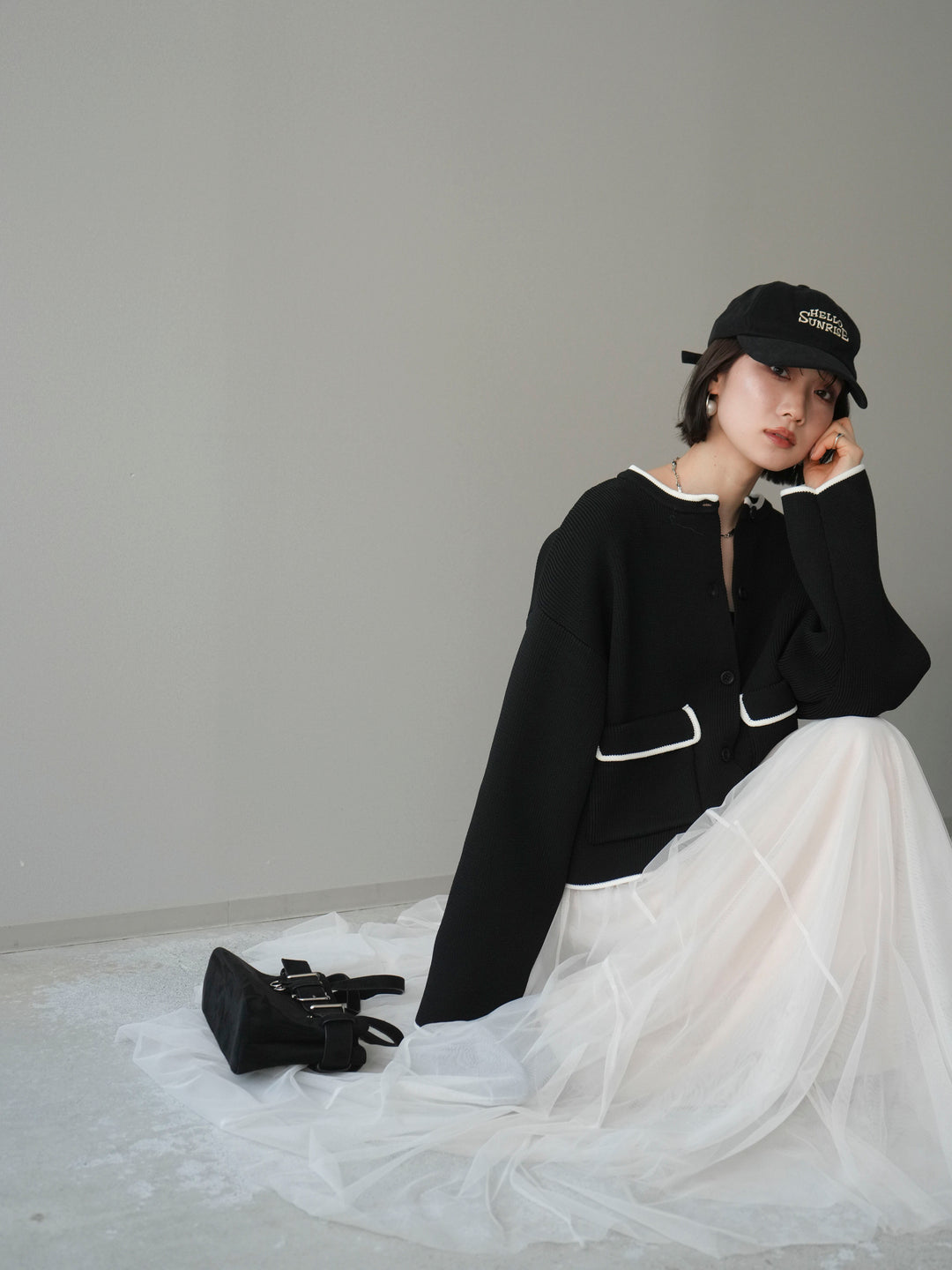 [SET]ポリエステル配色ニットカーディガン+チュールボリュームスカート(2set)