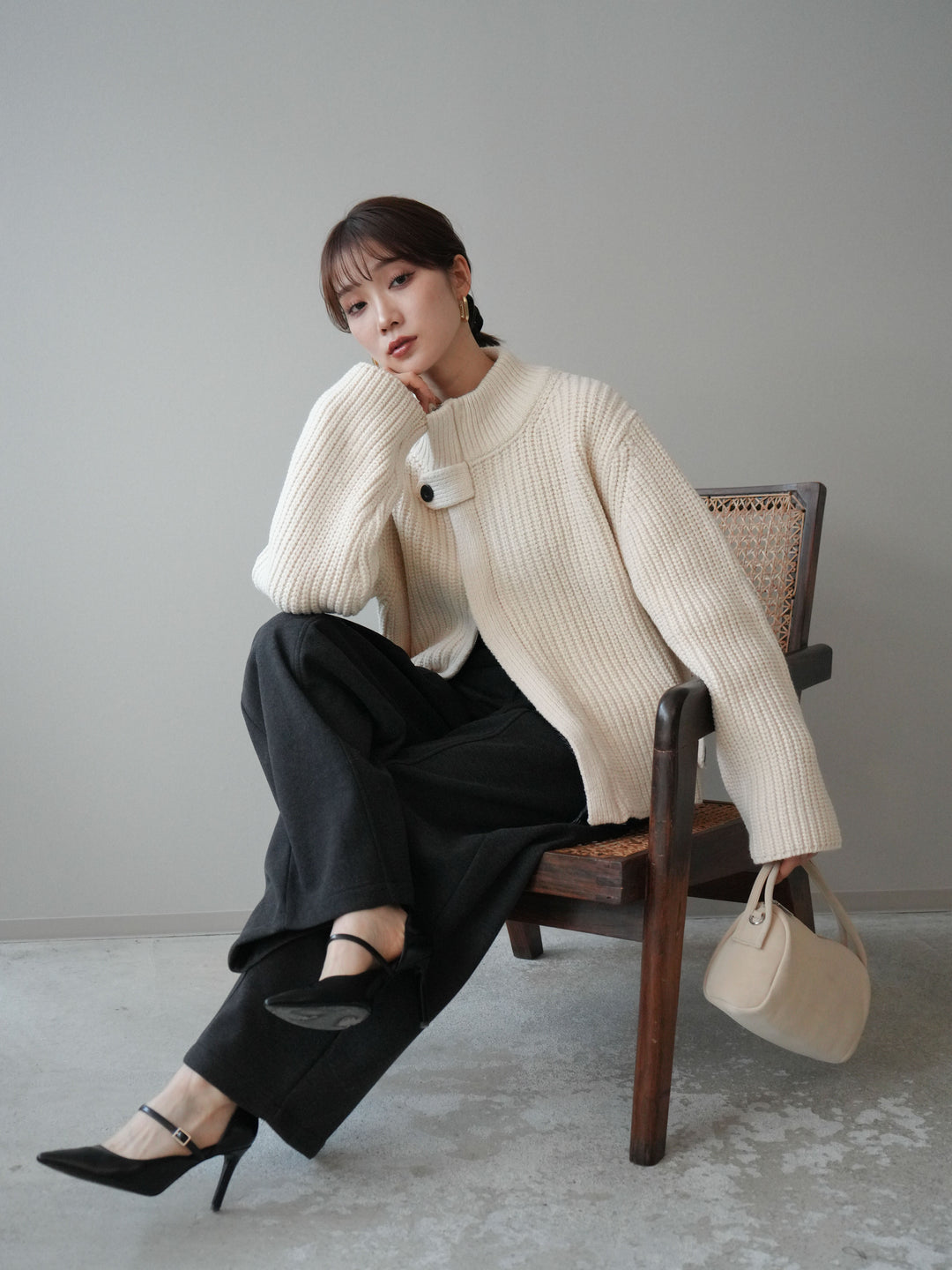 [SET]畦編みボトルネックZIPニットカーディガン+選べるアクセセット(2set)