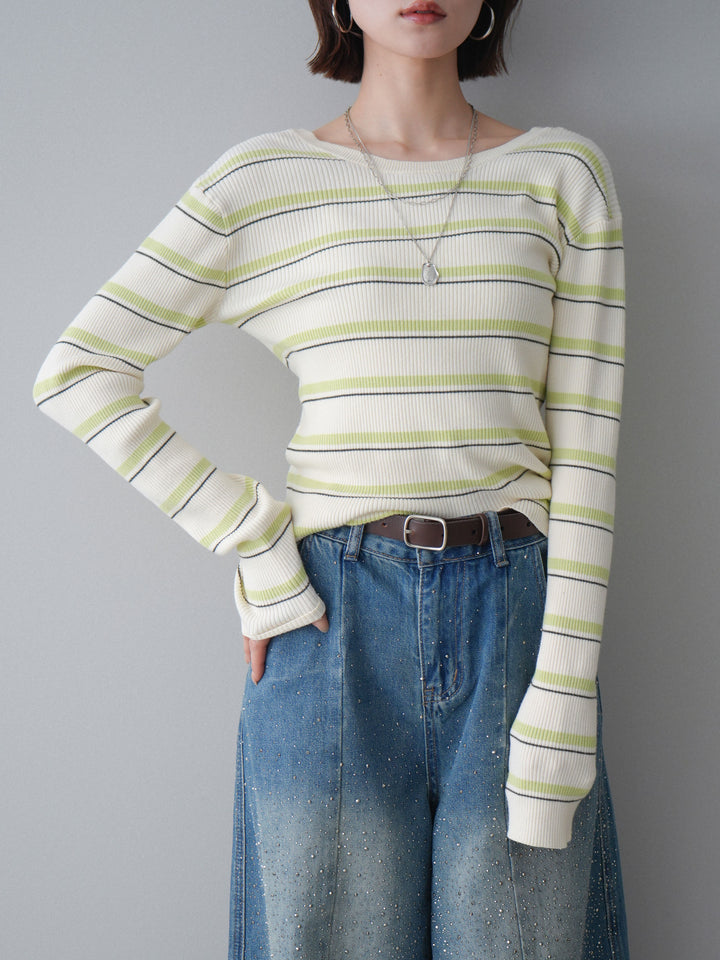 [予約]バックオープンテレコリブマルチボーダートップス/ivory