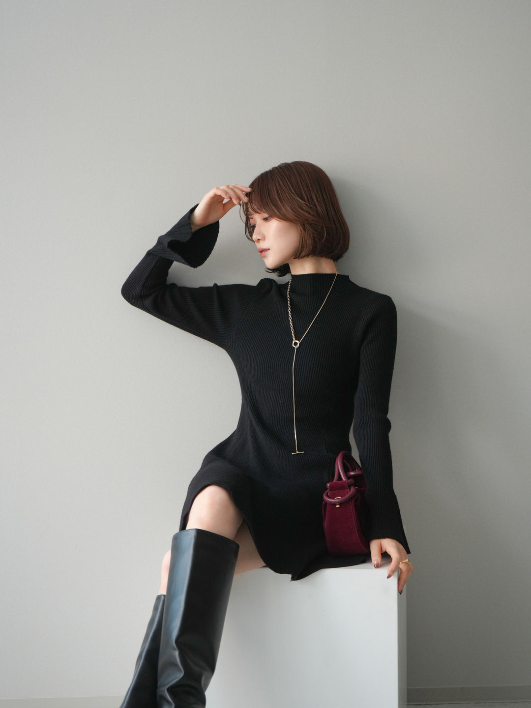 [予約]フレアリブニットミニワンピース/black