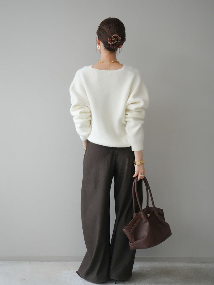 [予約]アニマル柄ベルト付きウールタッチワイドパンツ/brown