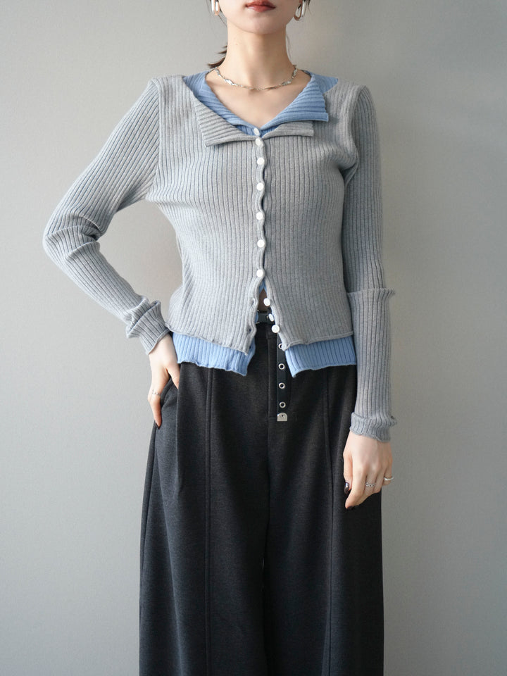 [予約]配色レイヤードリブニットカーディガン/gray