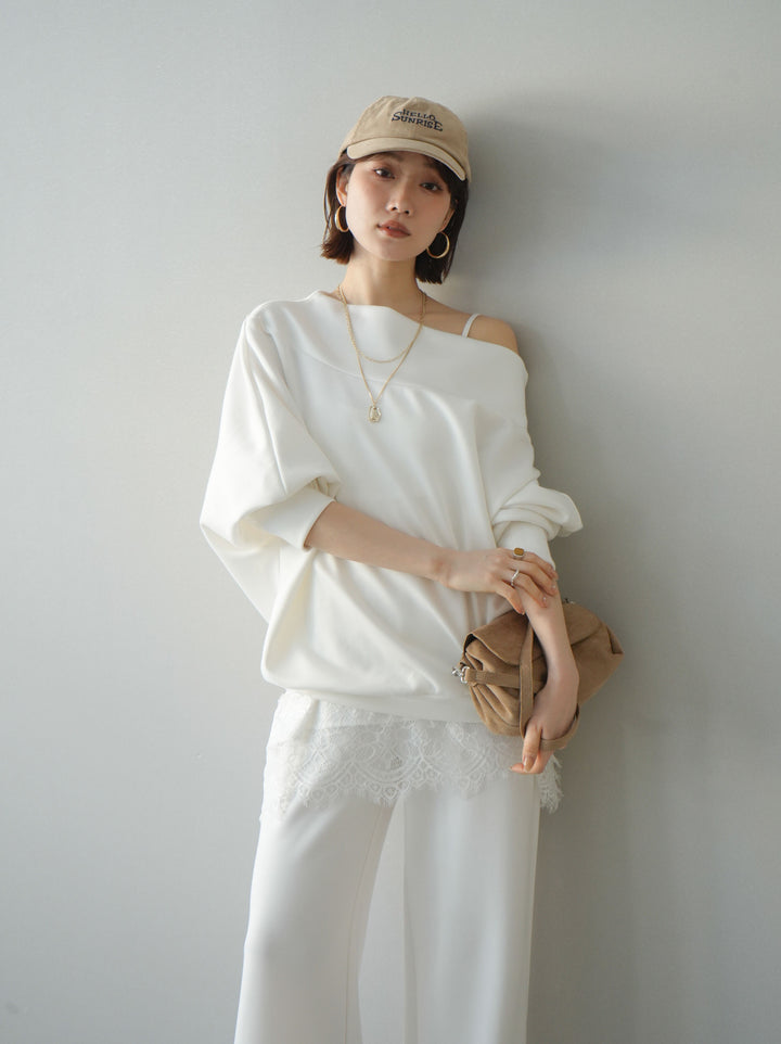 [SET]アシンメトリーオフショルポンチプルオーバー+イージーポンチワイドパンツ(2set)