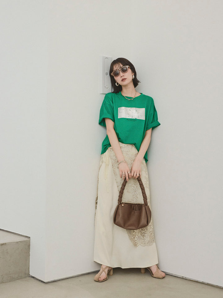 [SET]箔プリントドライタッチコットンTEE +チュールジャガードラップロングスカート(2set)