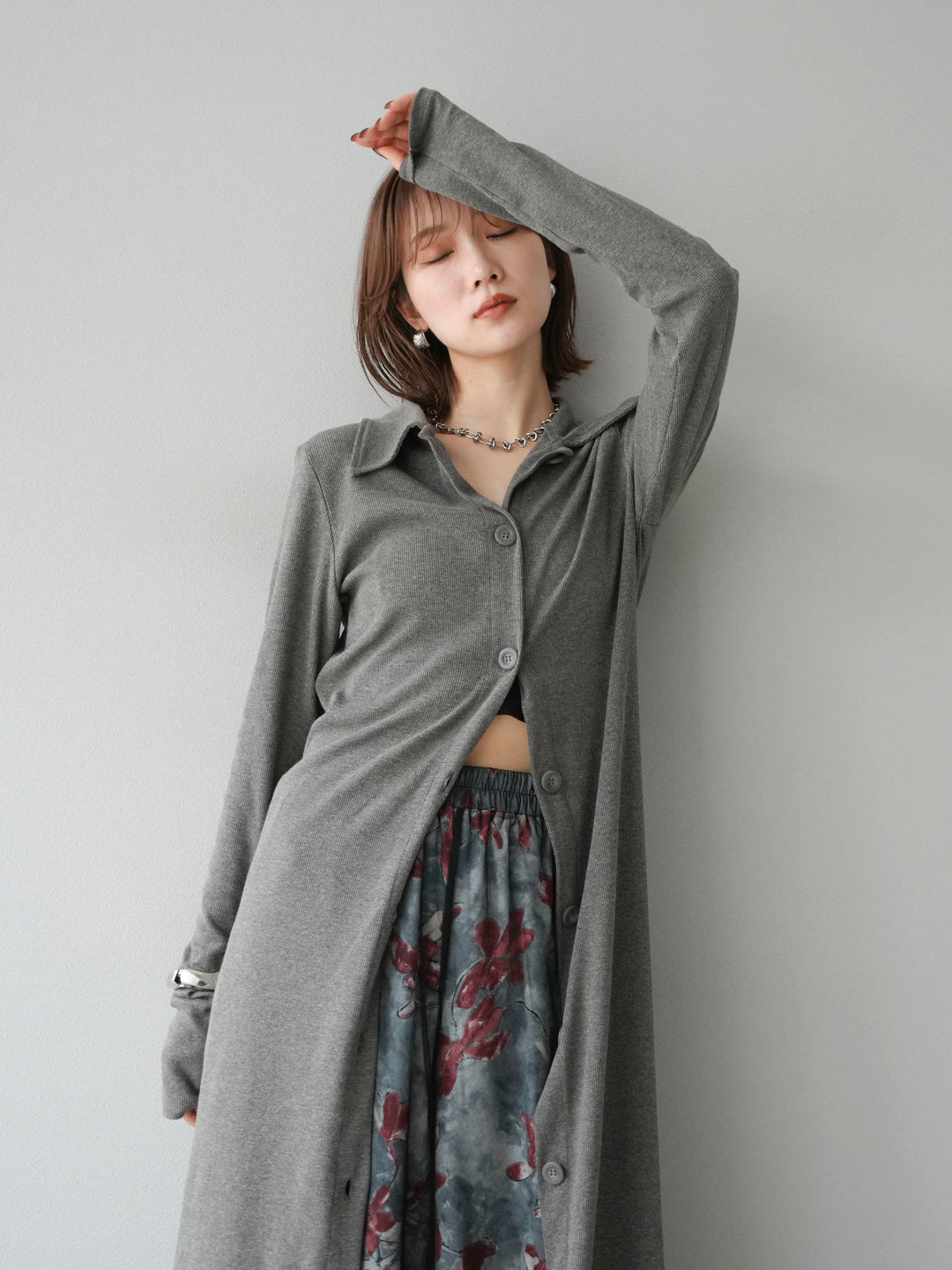 [SET]襟付きカットリブボタンワンピース+フラワープリントチュールレイヤードパンツ(2set)