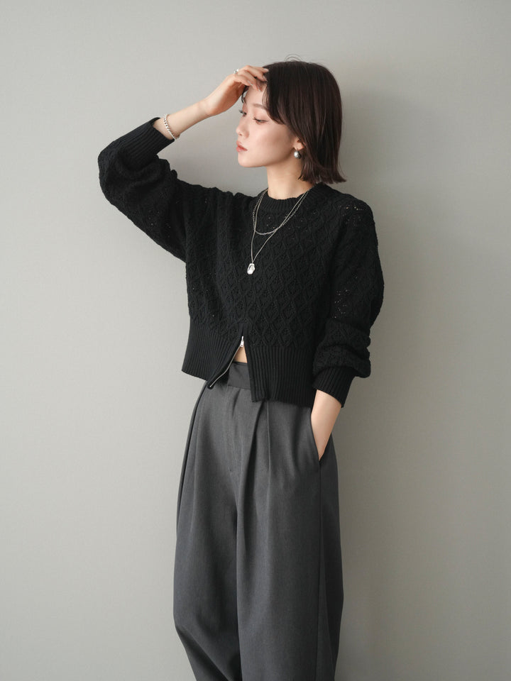 [予約]透かし編みフロントジップスリットニットプルオーバー/black