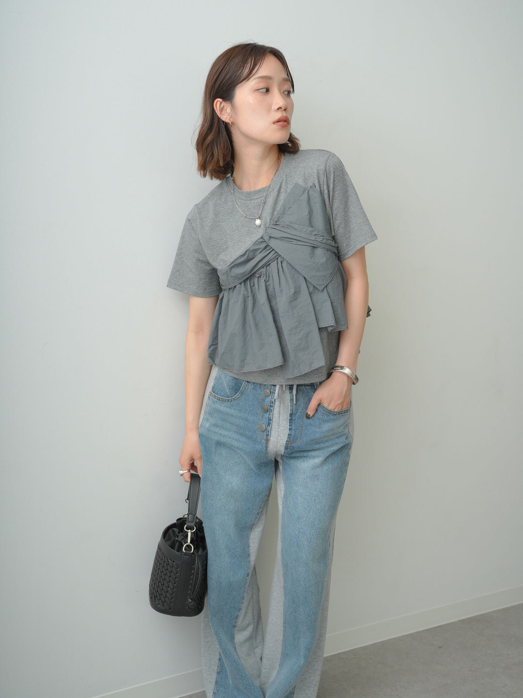 [SET]ナイロンドッキングツイストTEE +デニム切替スウェットパンツ(2set)