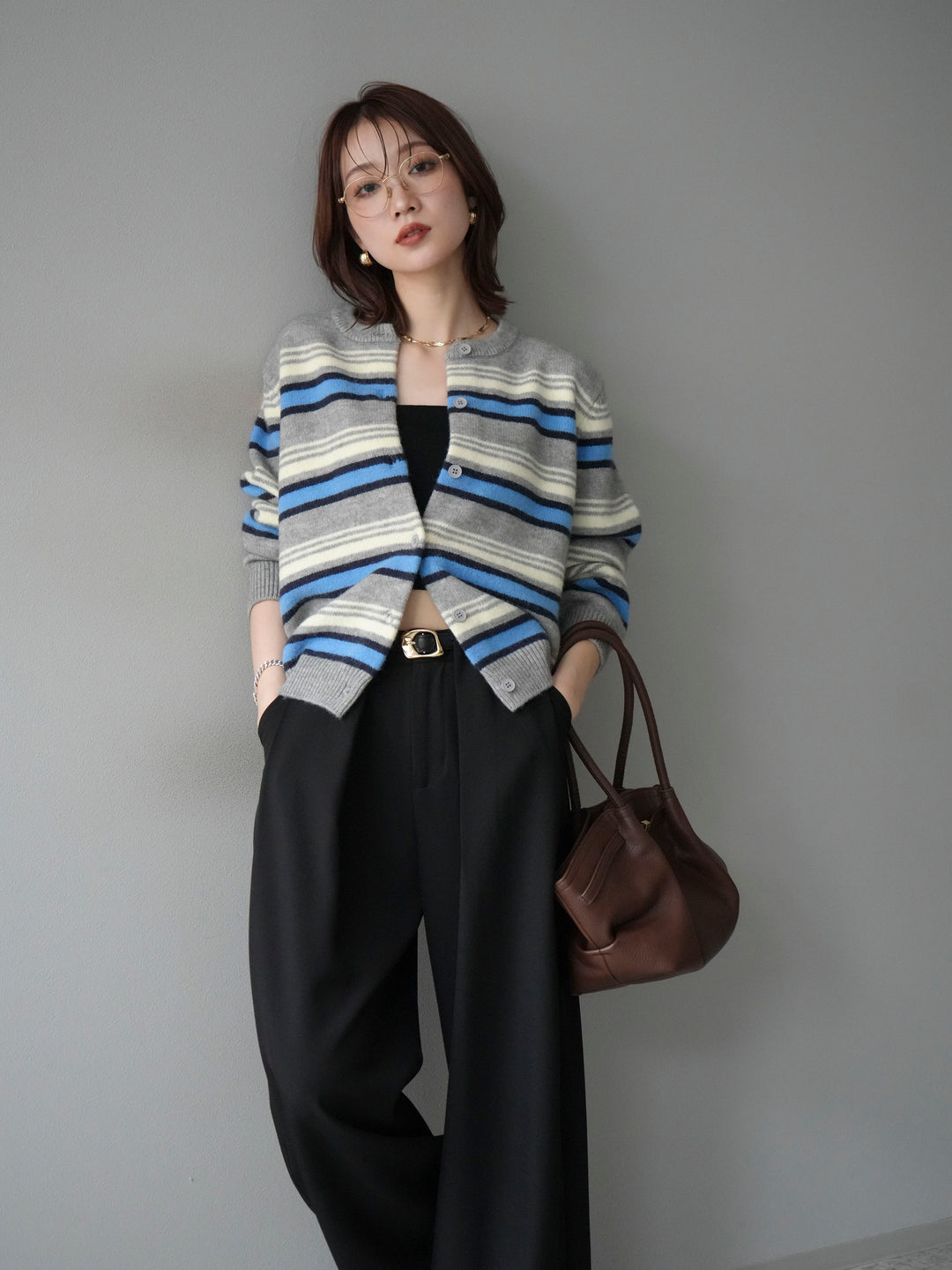 [SET]マルチボーダーニットカーディガン+ベルトループデザインワイドパンツ(2set)
