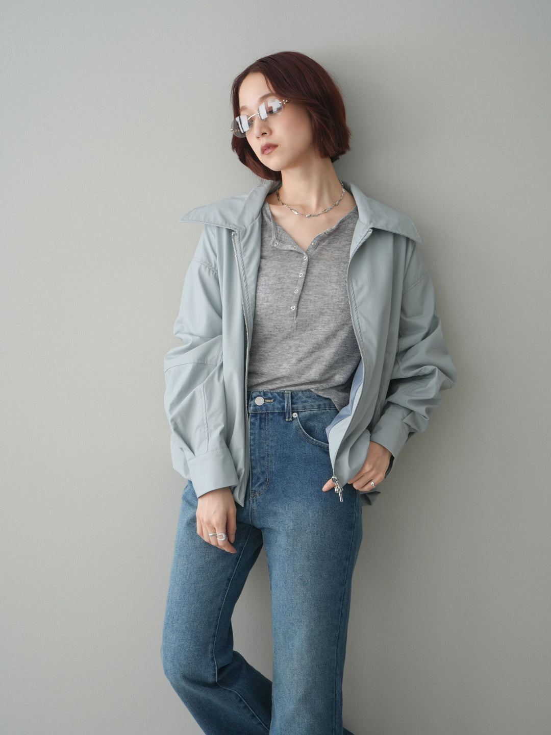 [予約]ウォッシャブルフェイクレザーバルーンジャケット/blue