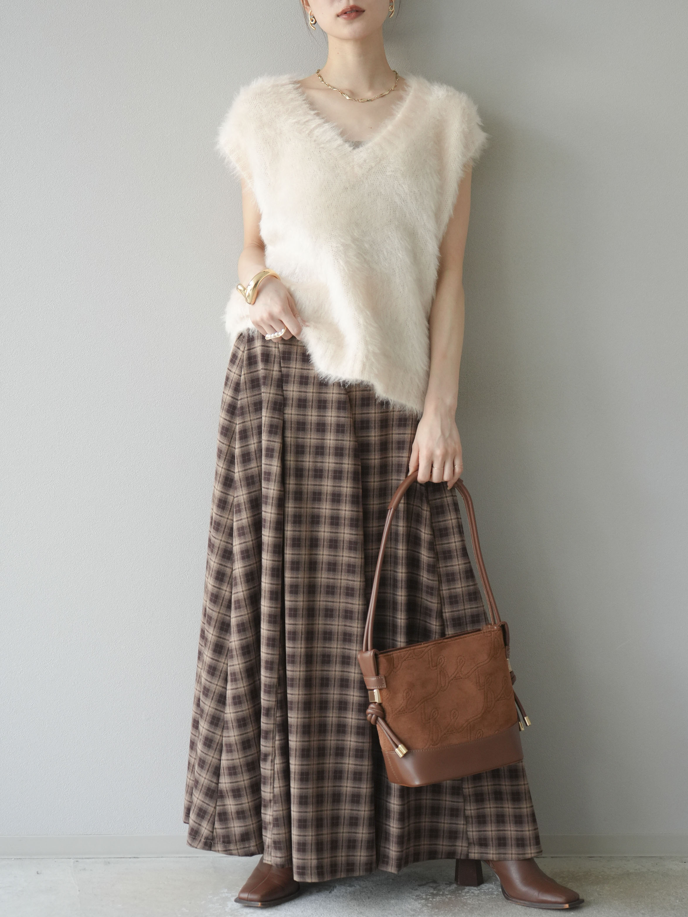 予約]チェックタックフレアロングスカート/ ブラウン – Lumier