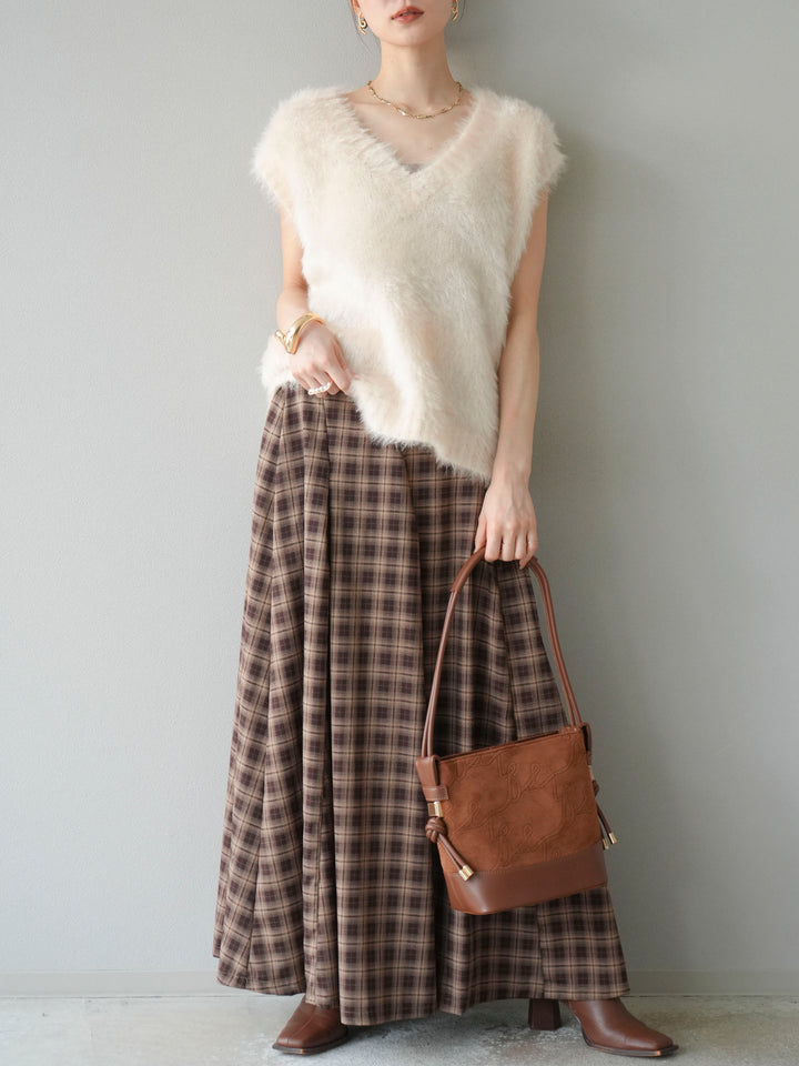 [予約]チェックタックフレアロングスカート/ ブラウン