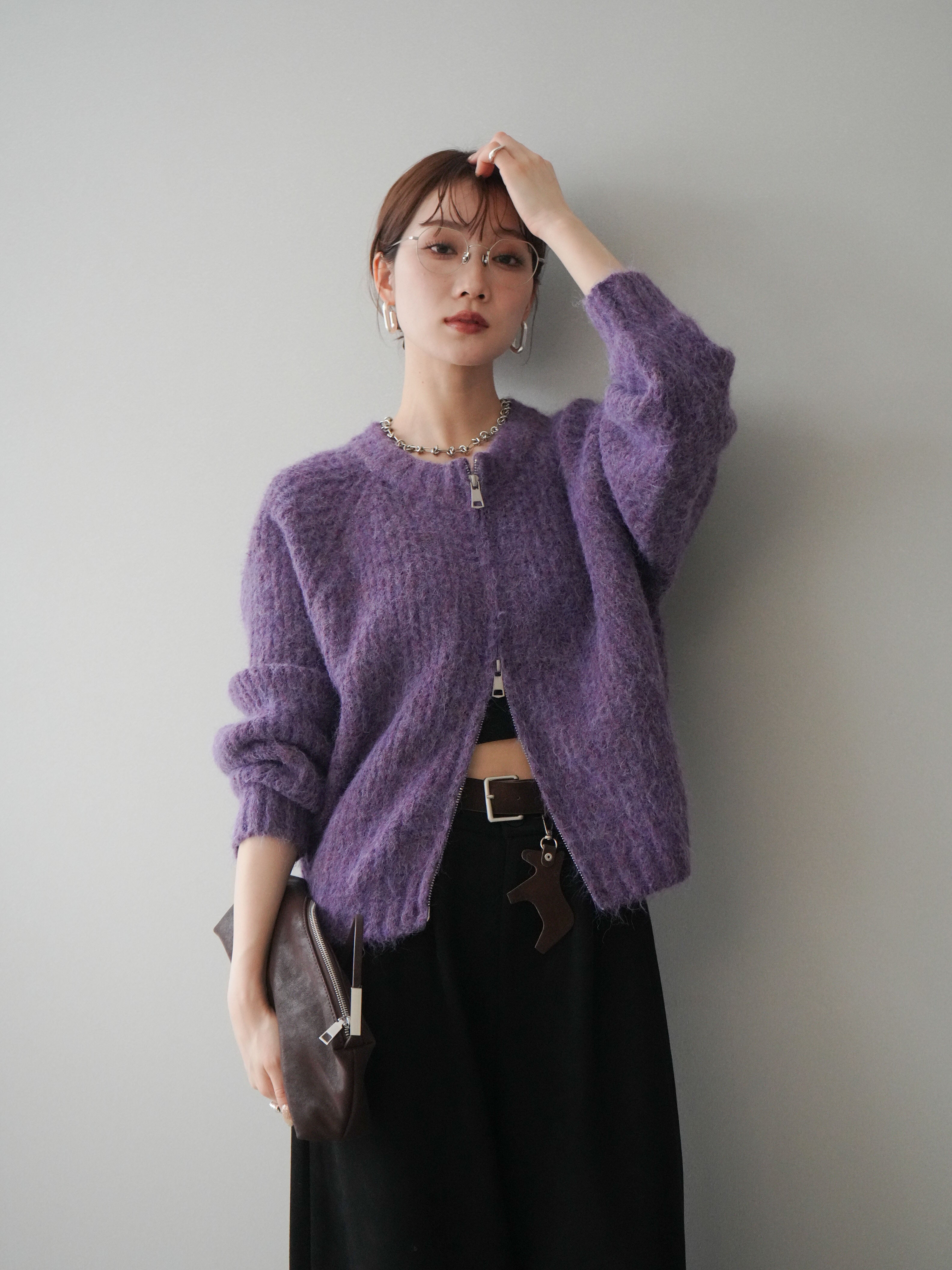 予約]MIXヤーンモヘアタッチZIPニットカーディガン/purple – Lumier