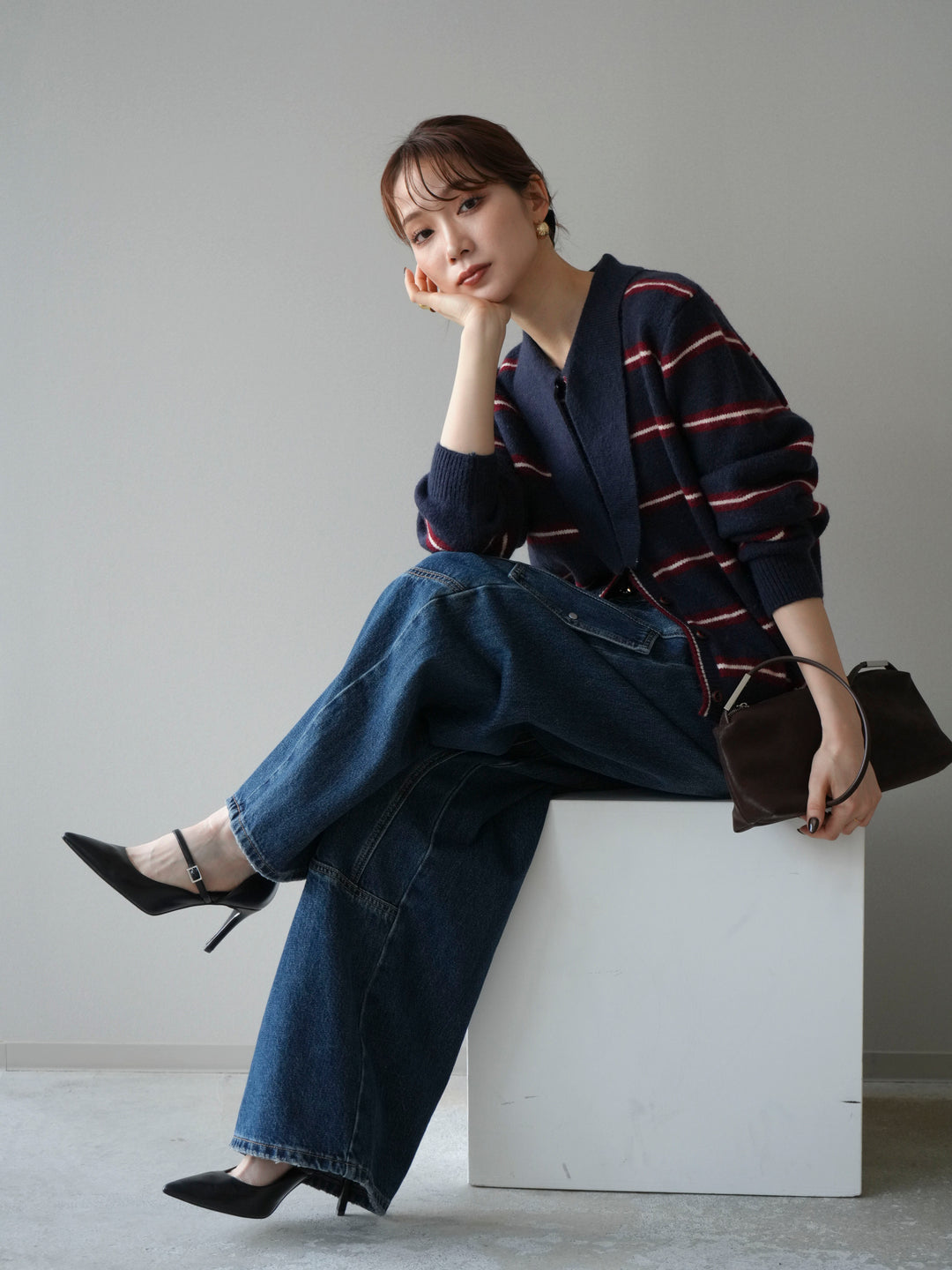 [予約]ボウタイボーダーニットカーディガン/navy