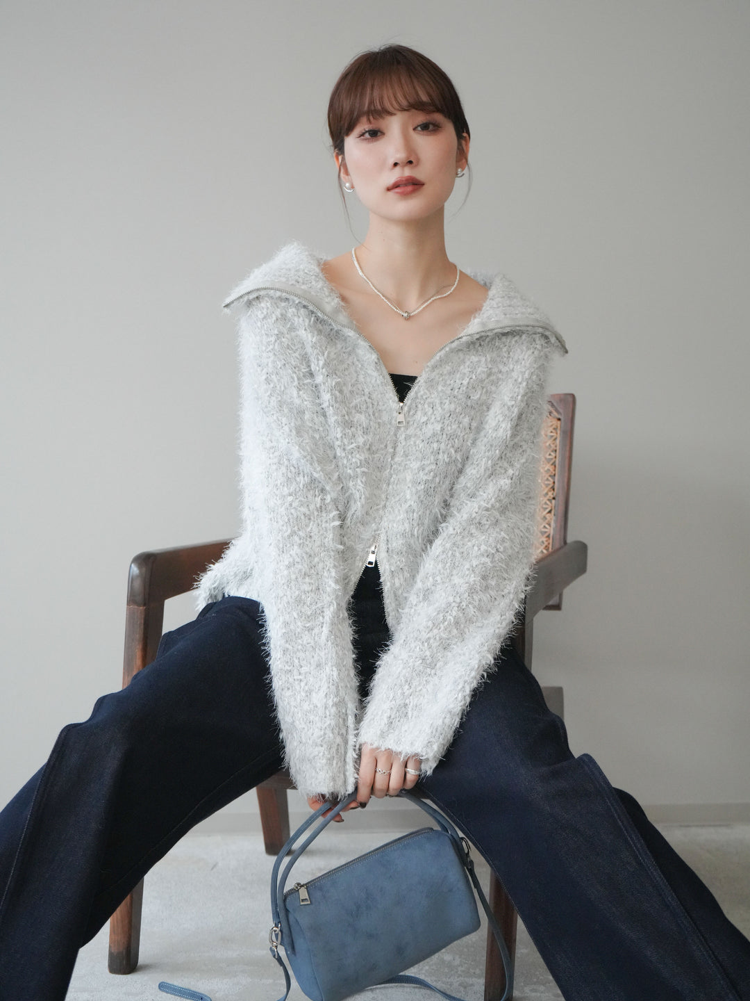 [予約]ミックスシャギージップニットカーディガン/ivory