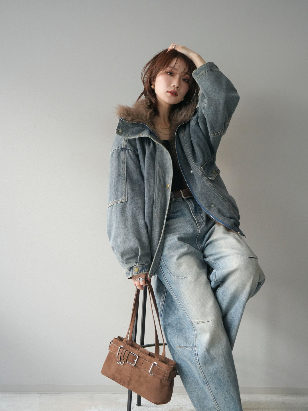 [予約]デニムxファーブルゾン/denimbrown