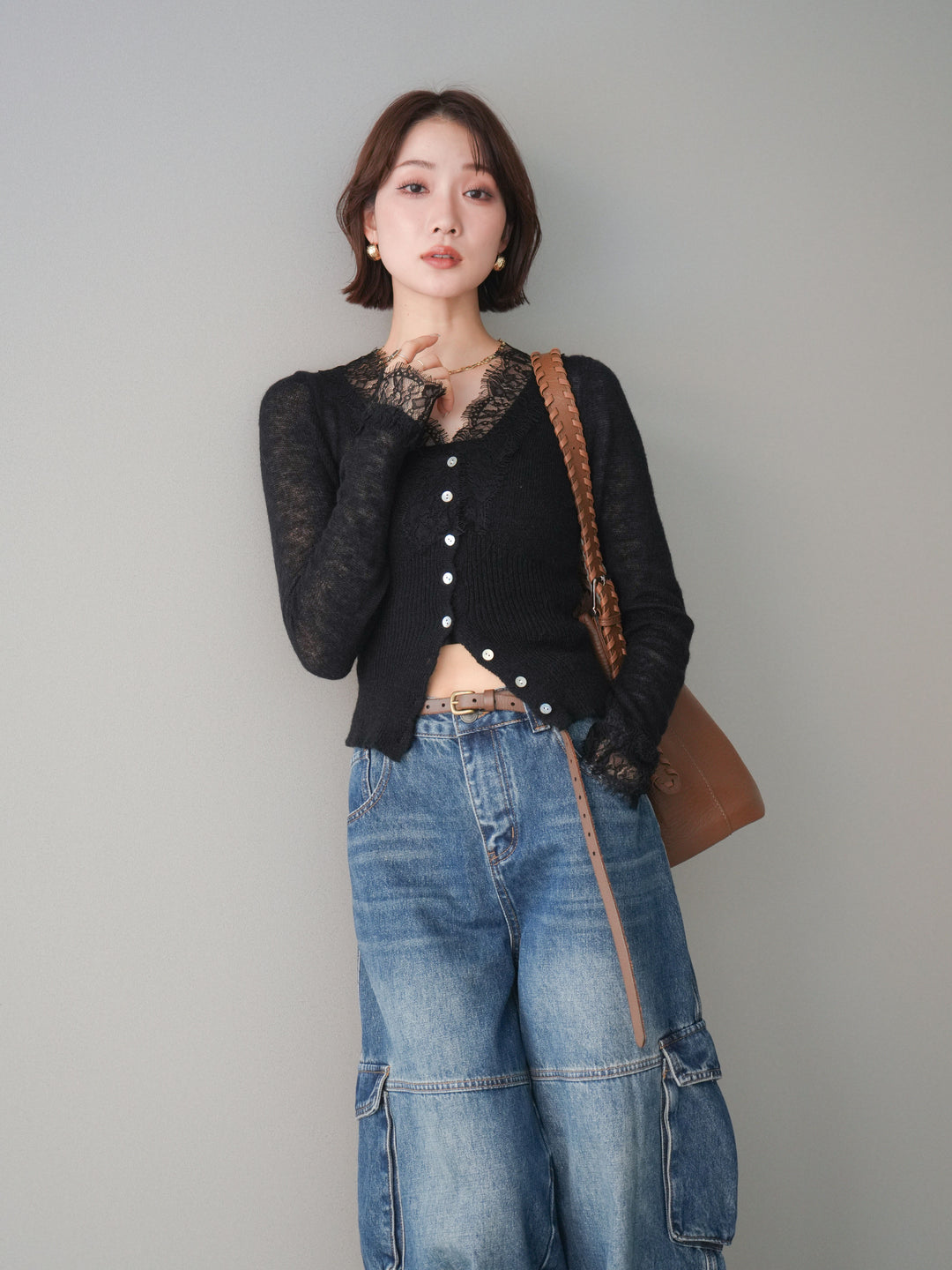 [予約]モヘアタッチレースニットカーディガン/black